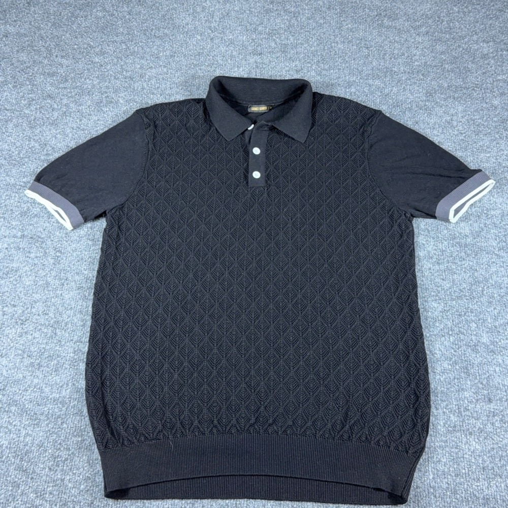 Mens Knit Polo Shirt Black Textured Diamond Pattern Short Sleeve M
